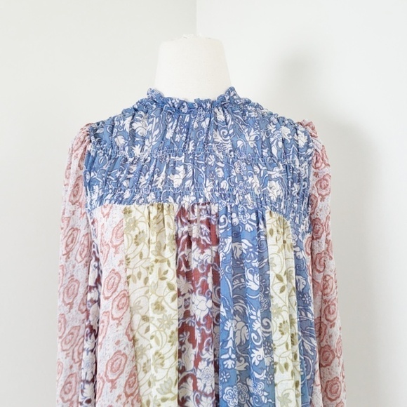 Free People Merrie Mix Floral Print Smocked Chiffon Tunic Rouched Blouse Lilac - Picture 5 of 16